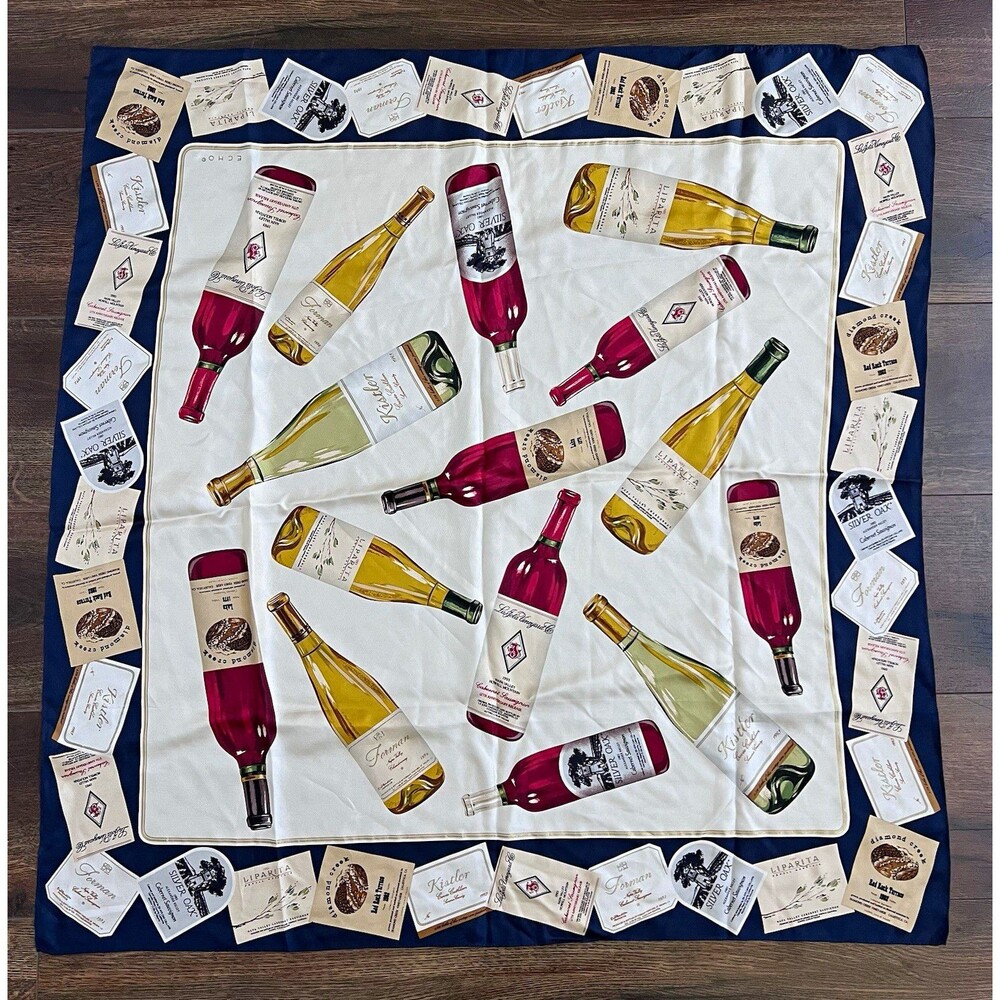 ECHO Silk Twill Square Scarf Wine Bottle Print Navy White Gold 34x34"